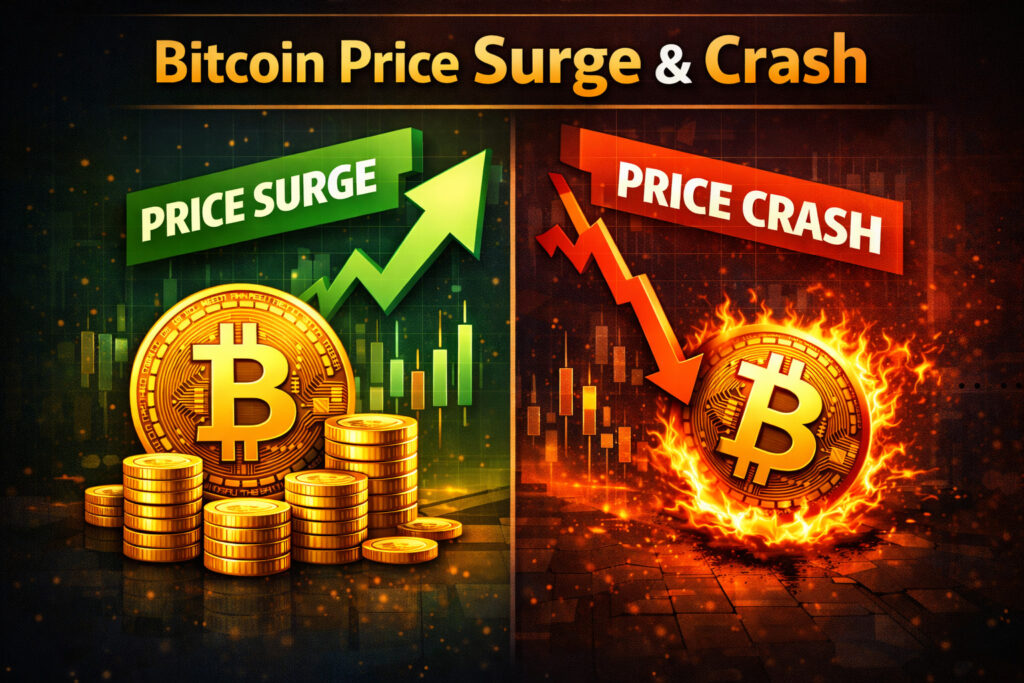 Bitcoin price surge and crash visualization
